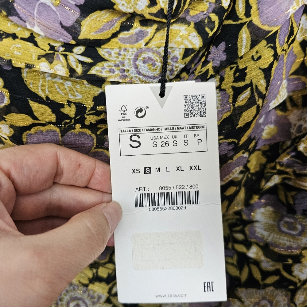 Zara Small Metallic Gold Purple Floral Chiffon One Shoulder Ruched Mini Dress - Picture 6 of 10